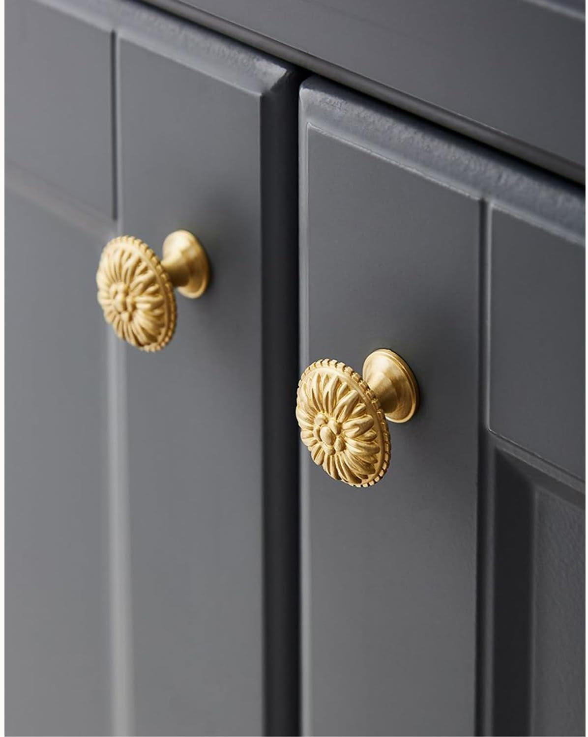CATPAN 4PCS Gold Brass Drawer Knobs, Solid Copper Gold Brass Cabinet Knobs Decorative Knob Vintage Antique Flower Round Brushed Gold Solid Copper Drawer Cabinet Dresser Knob Pull Handle