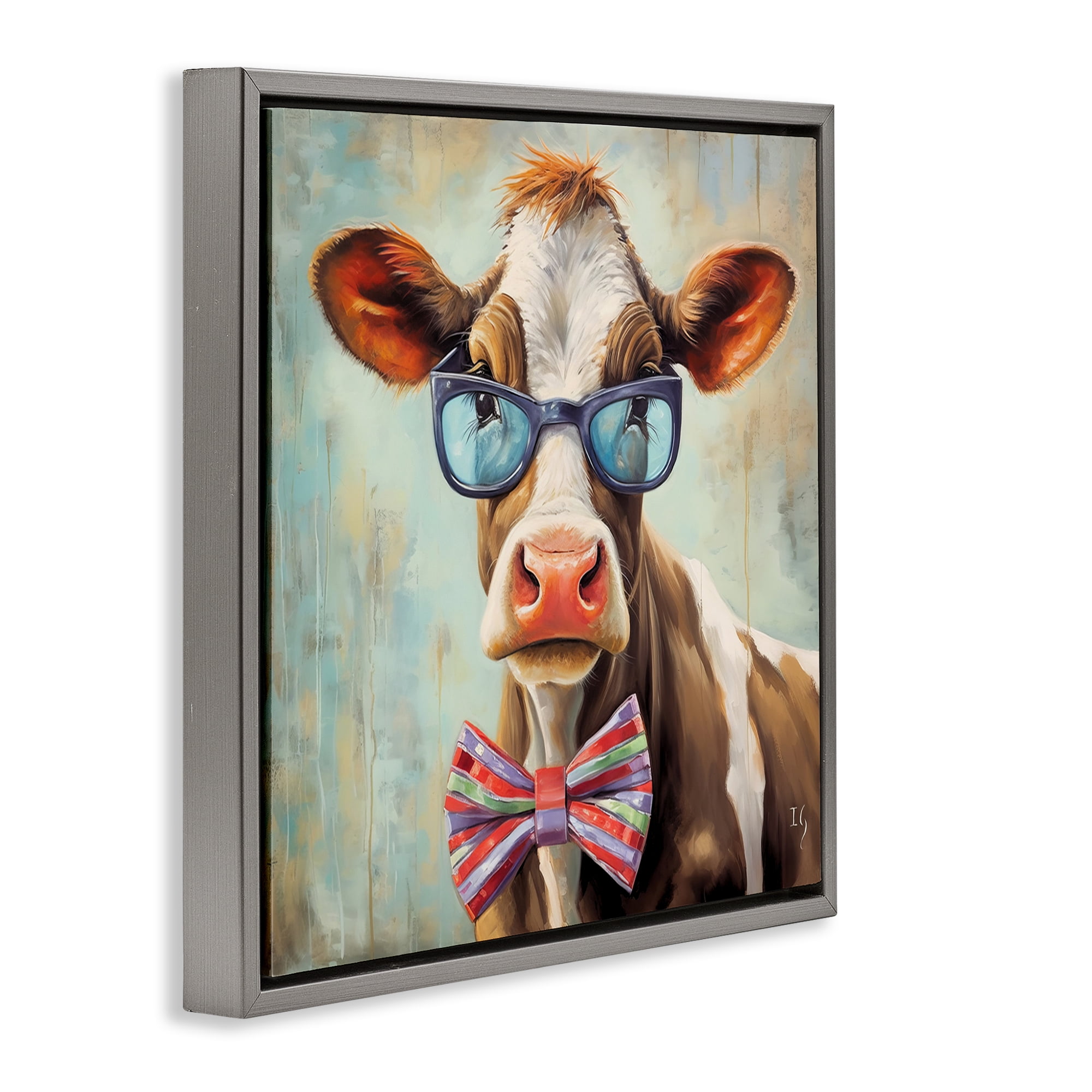 Stupell Industries Hipster Cow with Bowtie Animals & Insects Painting Gray Floater Framed Canvas Art Print Wall Art, 18 x 18