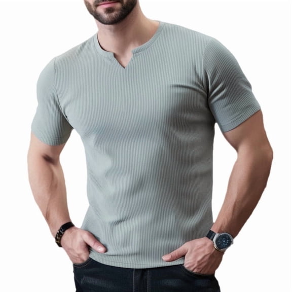 Ambiloof Men's slim fit muscle skinny V-neck casual t-shirt short sleeve muscle henley t-shirt fashionable business topsGrey/S