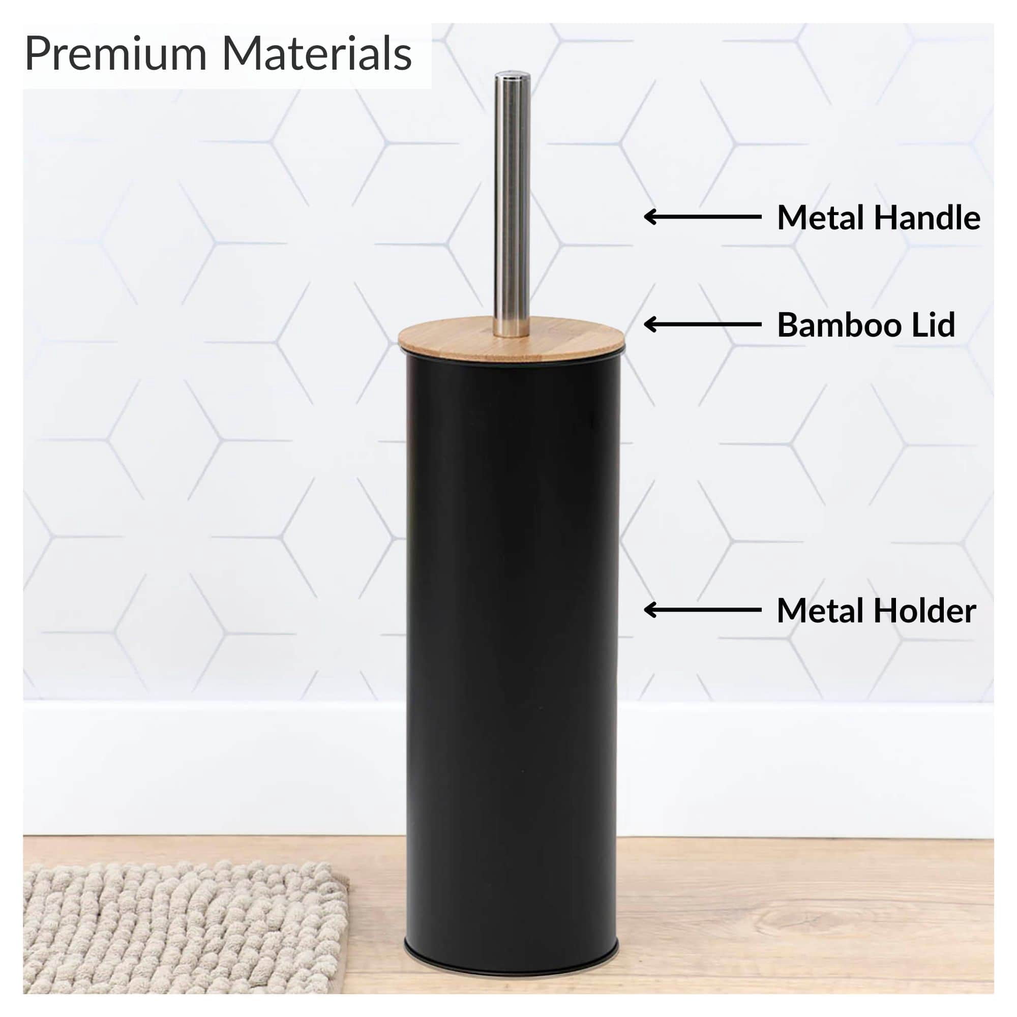Black Metal Toilet Brush and Holder Set With Bamboo Lid