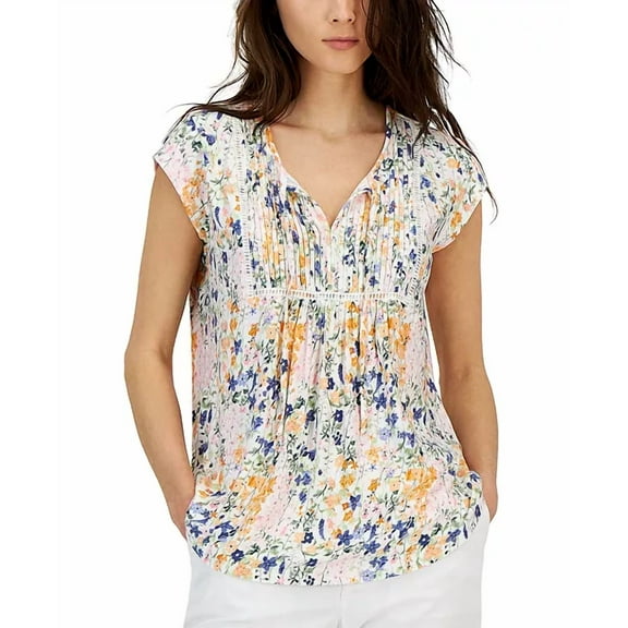 Tommy Hilfiger Women's Floral Garden print Pintuck Ladder Trim Tie Front T-Shirt - Ivory - (XX-Large)