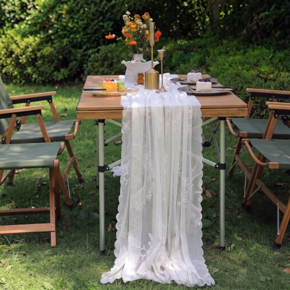 White Lace Table Runner 120 Inches Long, Vintage Boho Floral Dresser Scarf for Wedding, Bridal Shower, Birthday Party & Farmhouse Home Decor, 27x120"