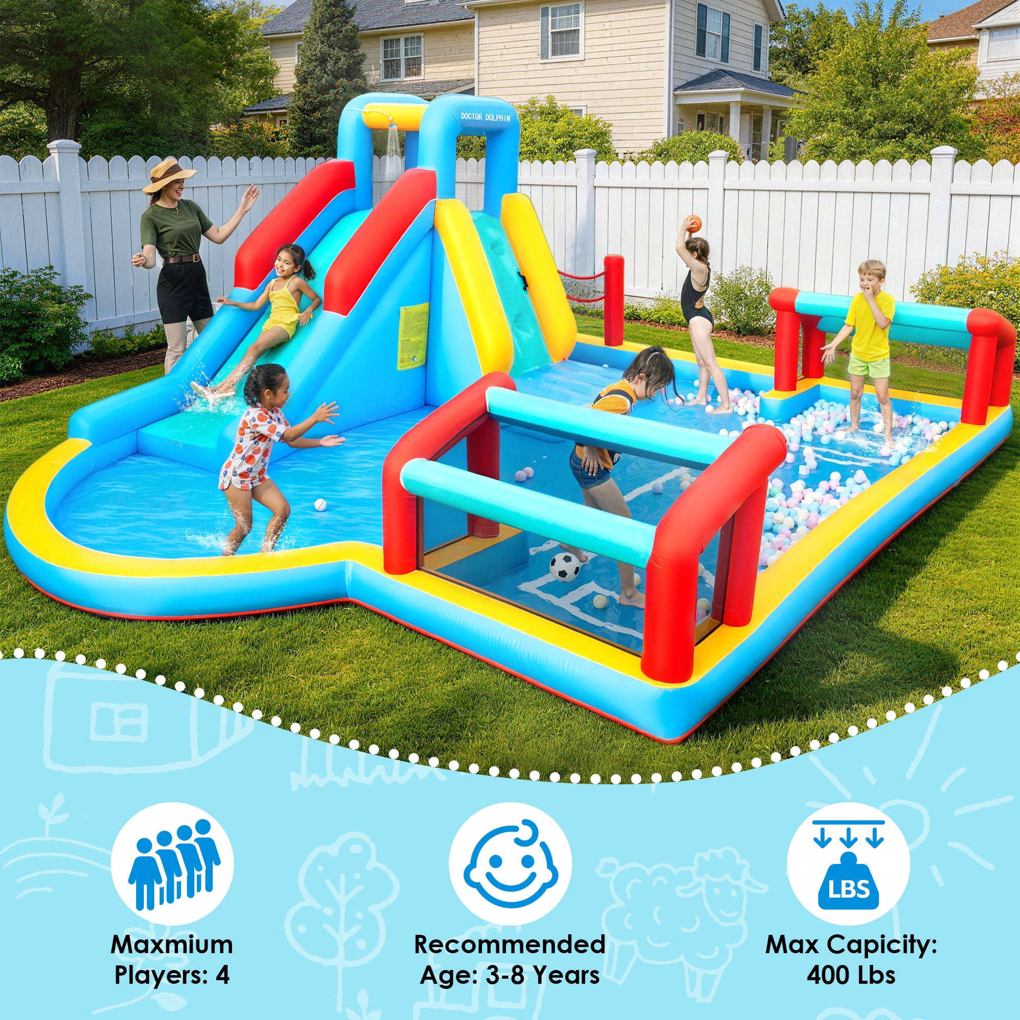 Inflatable Water Slide, Inflatable Bounce House for Kids, Climbing Wall, Jumping Area, Football Goal, Volleyball Net, Indoor & Outdoor, Age 3+