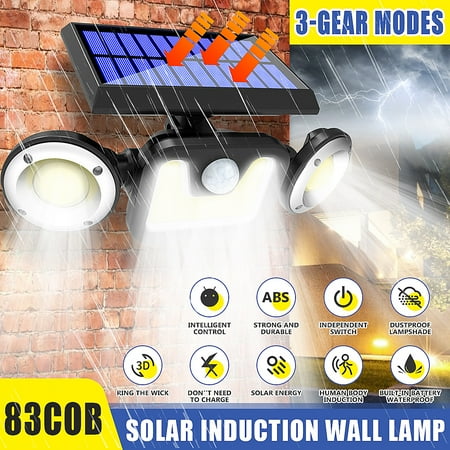 

Solar Three-head Wall Lamp，83COB Solar Spotlight Flood Light Motion Sensor Wireless Detector Security Light with 3 Mode IP67 Waterproof & 360° Wide Lighting Angle for Garage Yard Garden Patio