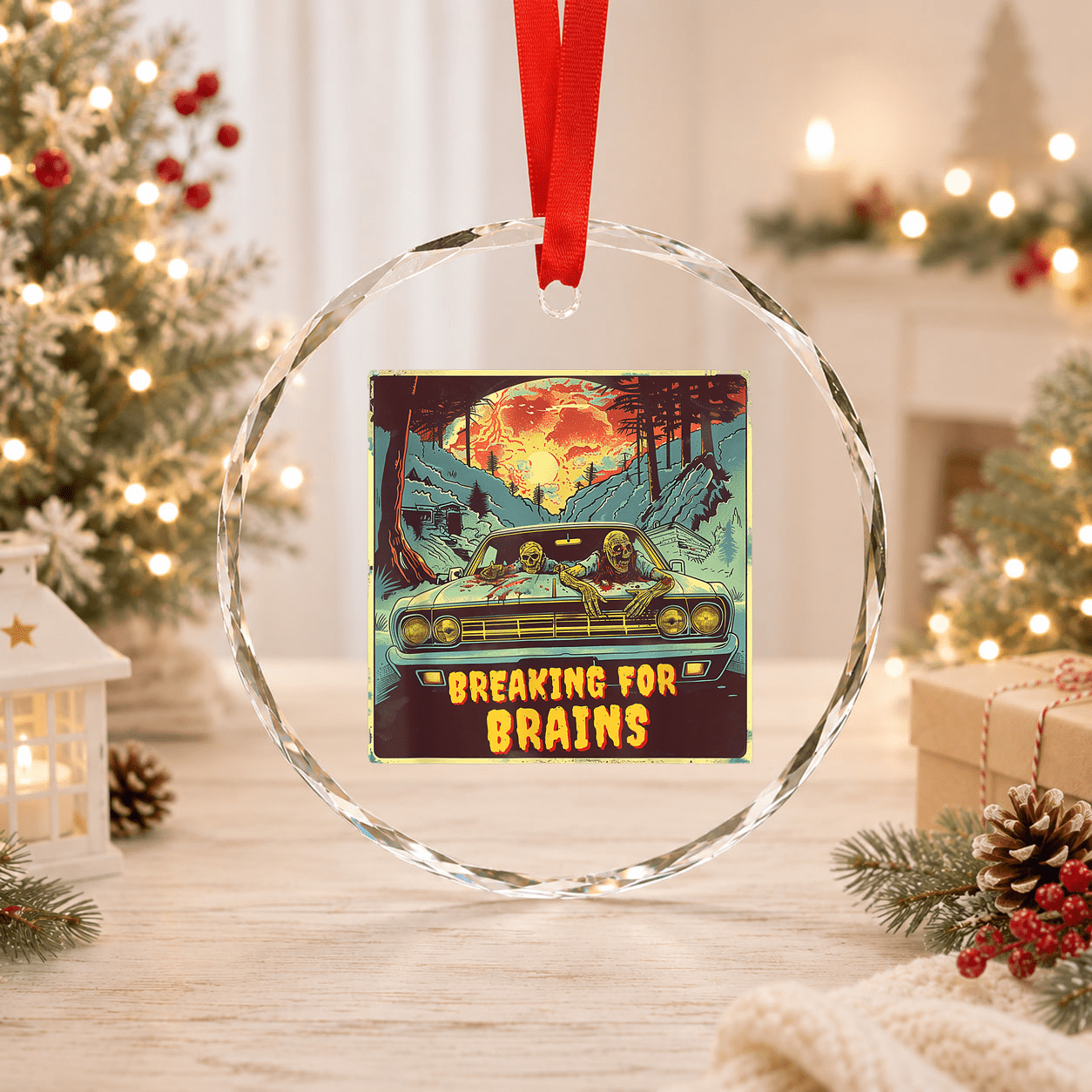 Breaking For Brains Zombies Horror Glass Ornament