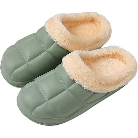 

PIKADINGNIS Winter Waterproof Slippers Women Men Fur Lined Clogs Garden Shoes Warm House Slippers Indoor Outdoor Mules