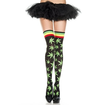 Print Striped Tights - Leaf print thigh hi with striped top 4277-AS SHOWN