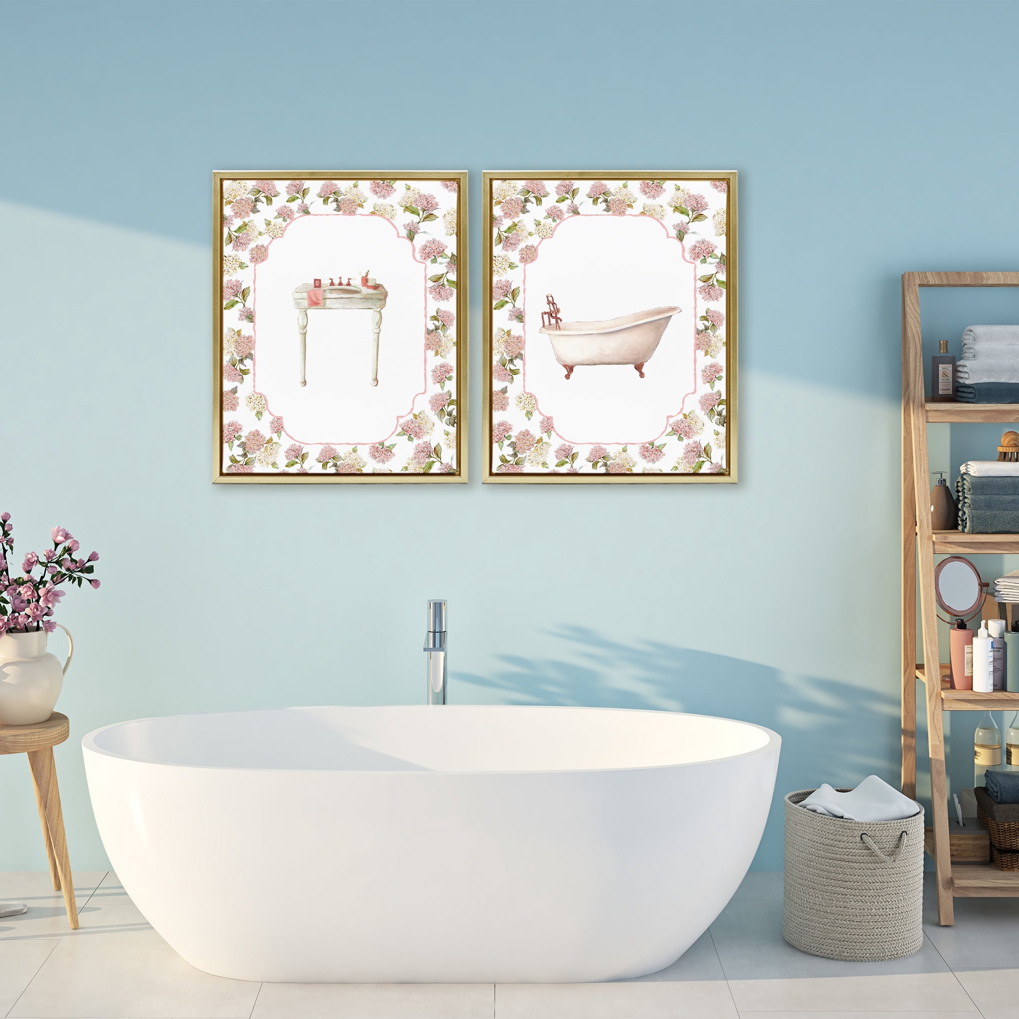 Stupell Industries Elegant Hydrangeas Bathroom 2 Piece Gold Framed Floater Canvas Set, design by Carol Robinson