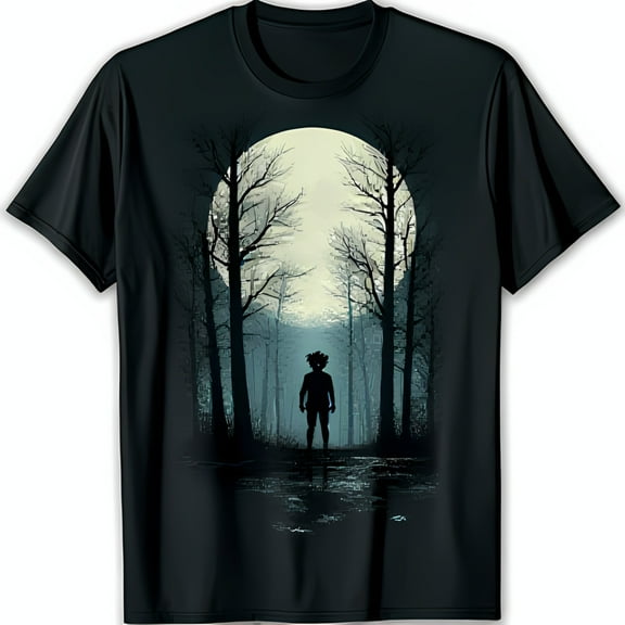 Spooky Forest Graphic Black T-Shirt Eerie Full Moon Design