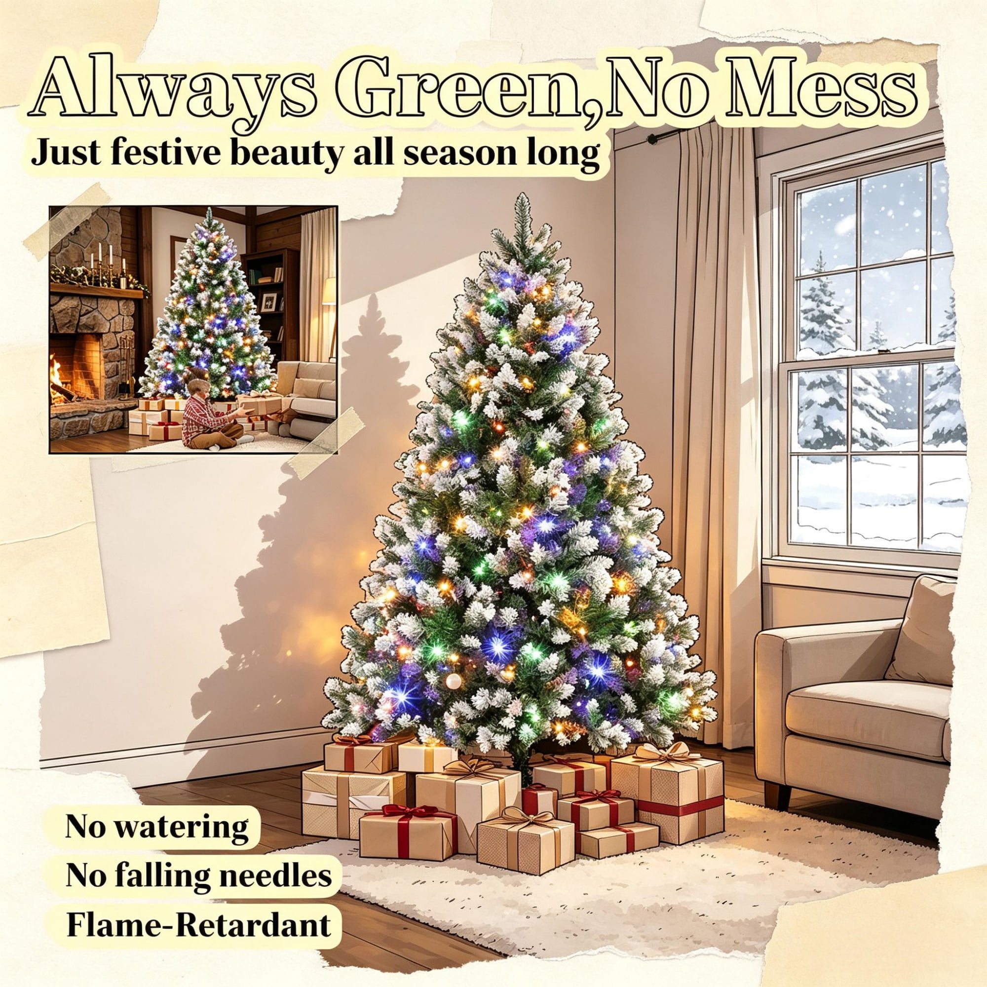 Pre-Lit Artificial Christmas Tree with Hinged Branches, 6 ft, 1020 PVC Tips, 350 Dual-Color LED Lights, Remote Control, Metal Base
