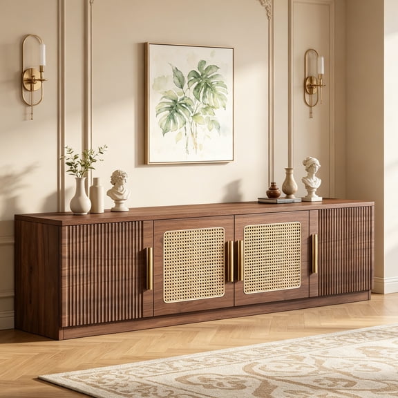 Fnova 70.9" Modern TV Stand with 6-Tier Storage, Wood Rattan Media Console for TVs Up to 80 Inches, Living Room Entertainment Center, Large TV Cabinet with Shelves for Bedroom/Entryway