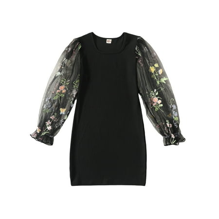 

AMILIEe Little Girl Summer Knitted Dress Floral Embroidery Mesh Long Sleeves Party Princess Dress