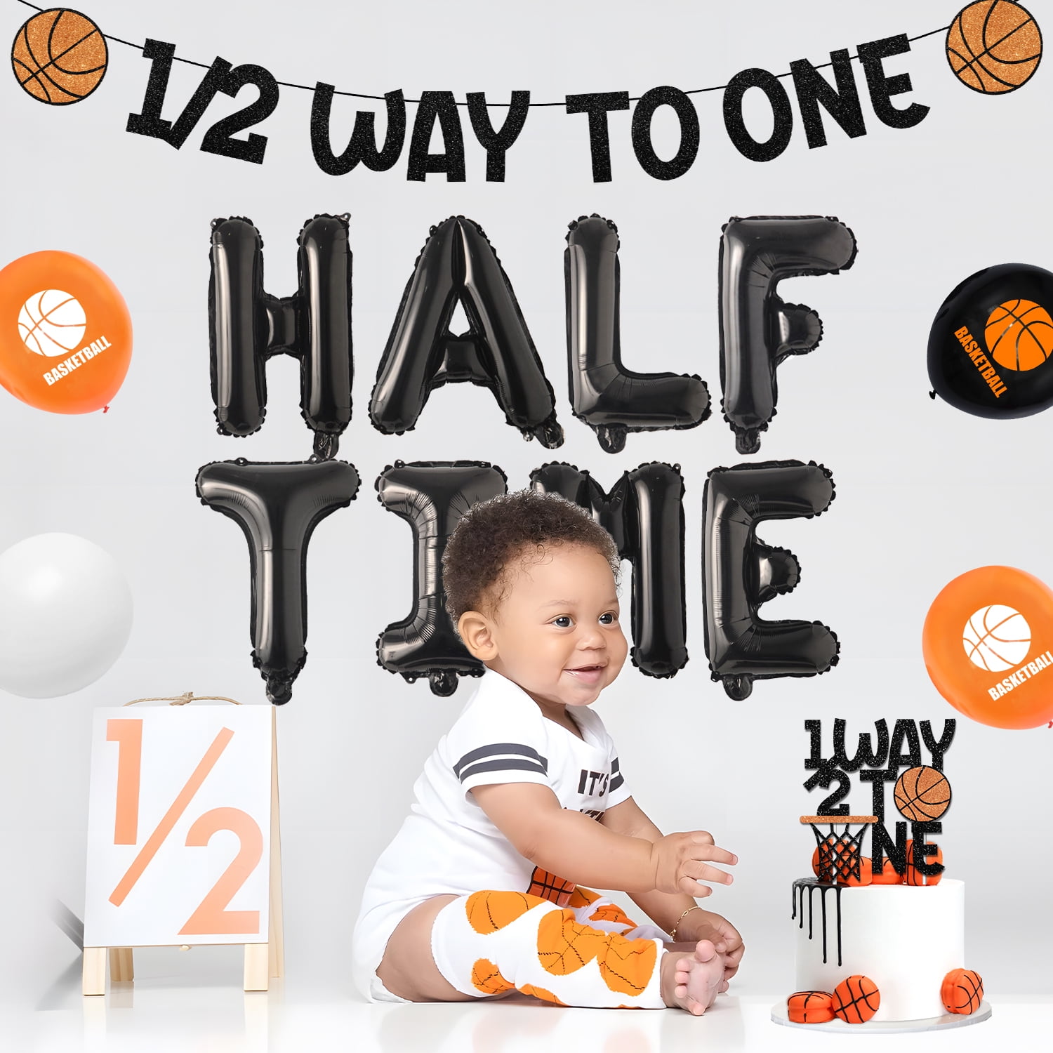 41Pcs Basketball Half Birthday Decorations 1/2 Way to One Banner Cake Topper Foil Curtain Half Time Basketball Foil Balloons Orange Black Latex Balloons for Boy Sports 6 Months Birthday Supplies