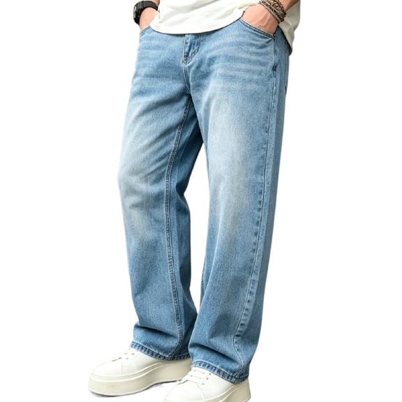 Reppunk Men Stylish Simple Style Solid Baggy Straight Loose Jeans Trousers Streetwear For Men's Carpenter Casual Denim Pants Menswear