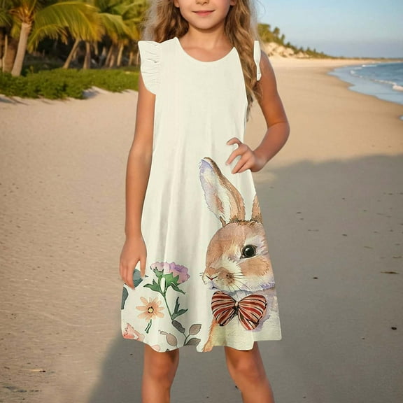 AUNVITO 2025 Easter Children Clothing Toddler Girls Dress Summer Ruffle Sleeve Sundress Outfit for Kids 4-14T