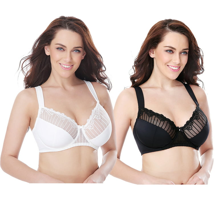 Curve Muse Womens Plus Size Minimizer Underwire Bra With Lace Embroidery-2  Pack-Butter Milk, Black-44DDD