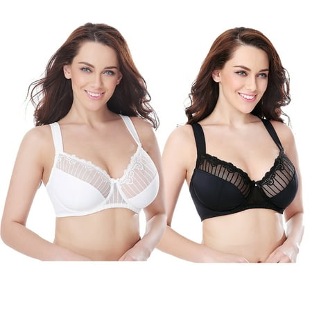 

Curve Muse Womens Plus Size Minimizer Underwire Bra With Lace Embroidery-2 Pack-Butter Milk Black-42C