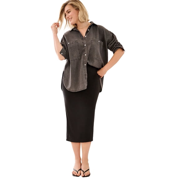 Ellos Plus Size 100% Cotton Denim Oversized Button-Front Collared Shirt