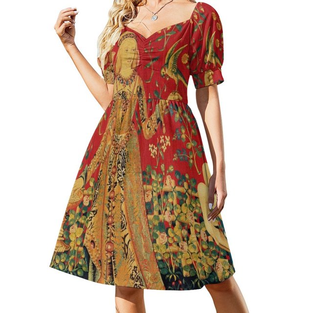 DAMA Y UNICORNIO Sabor Detalle Rojo Verde Fantasía Flores Animales Vestido Manga Corta Ropa Vestido Largo Vestido