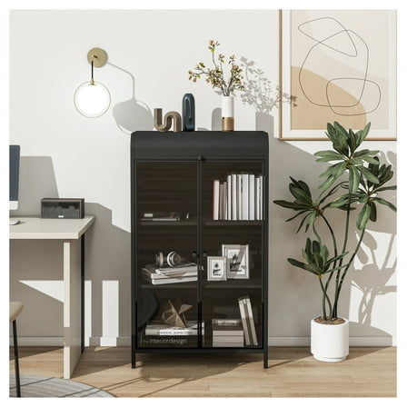 Metal Storage Cabinet with Glass Doors, 4-Tier Display Cabinet - Kitchen, Living Room, Office