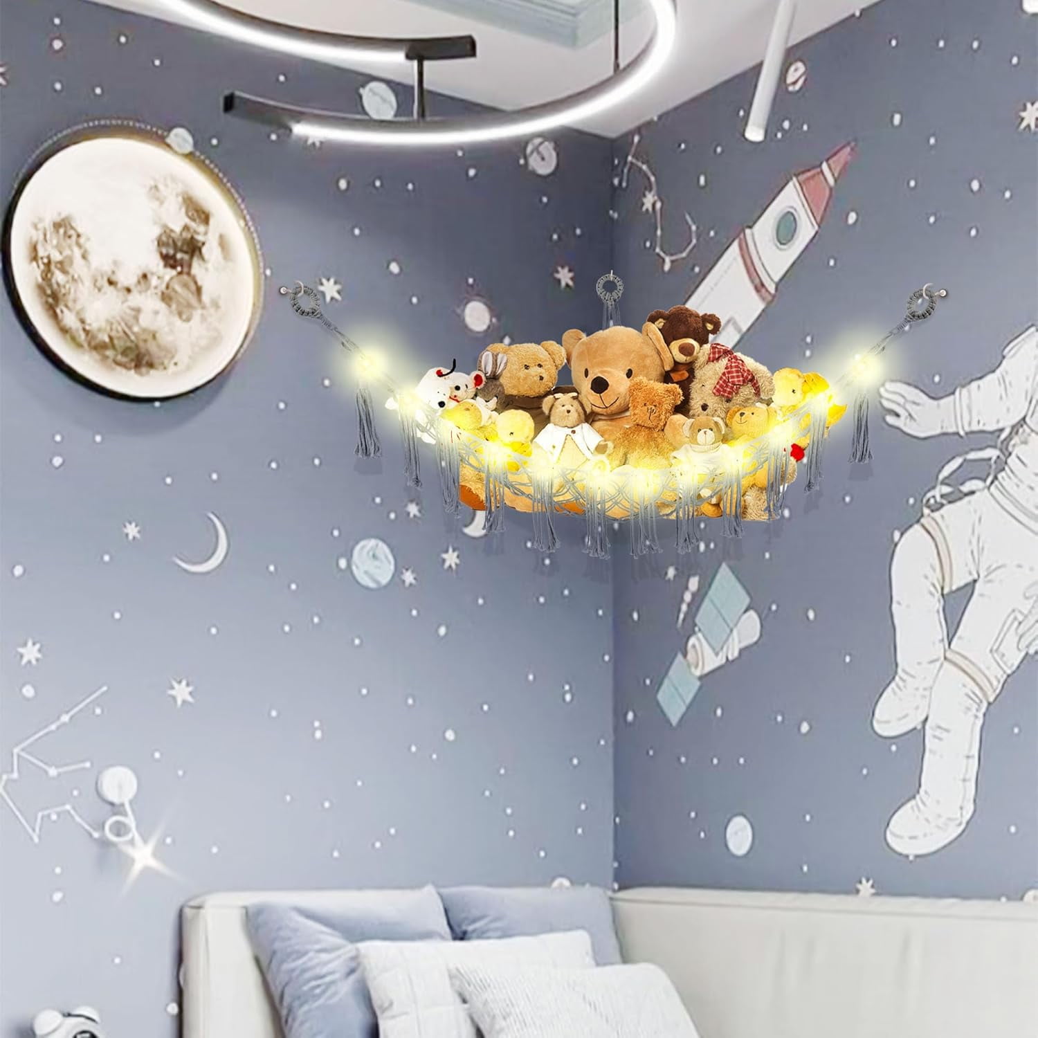 Stuffed Animal Hammock with LED Light, 2 Pack Toy Hammock for Stuffed Animals Storage for Kids, Stuffed Animal Hammock Corner, Grey