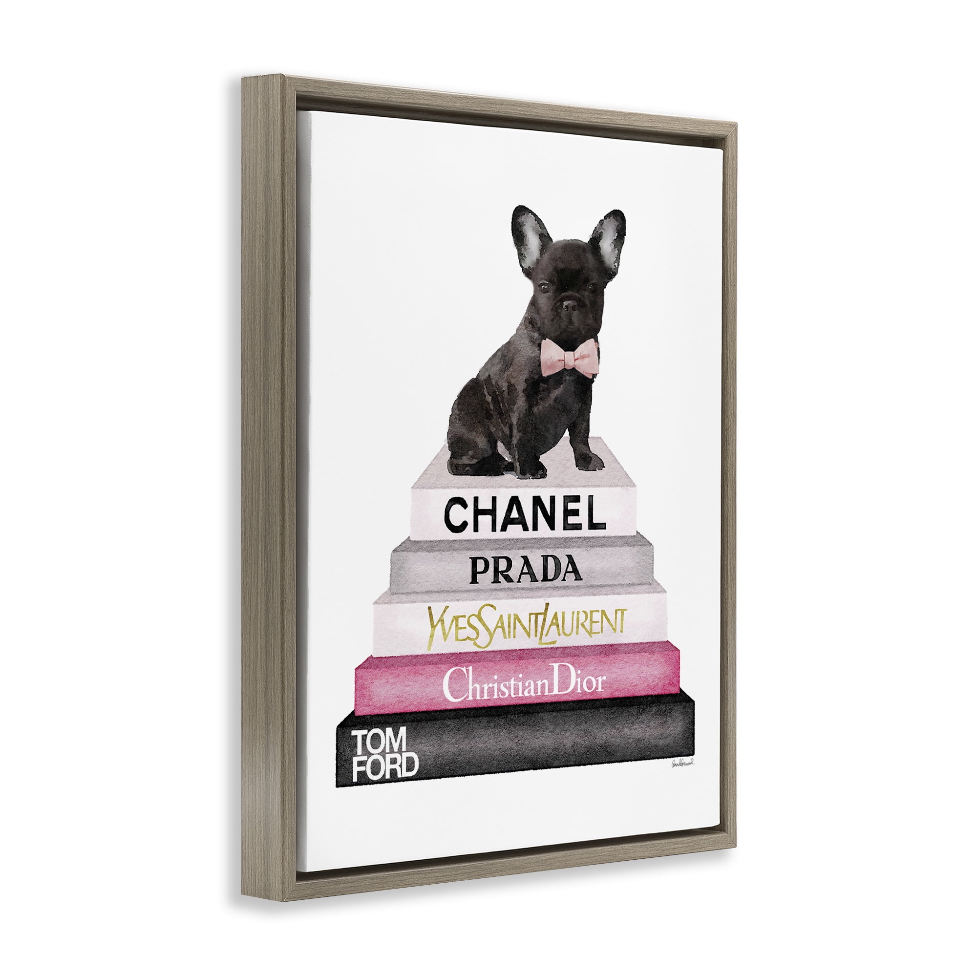 Stupell Industries Book Stack Fashion French Bulldog Beauty & Fashion Painting Brown Floater Framed Canvas Art Print Wall Art, 17 x 21