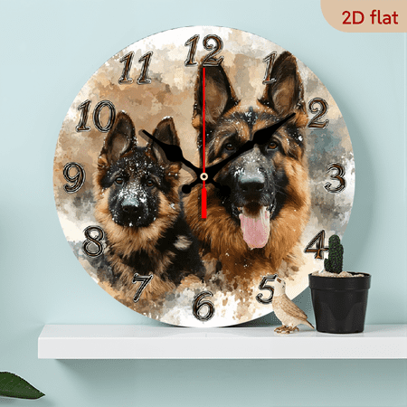 2D Flat, 1pc 10Inch Wooden Silent Wall Clock - 2D Flat Print Round Clock with German Shepherd Design, Modern Vintage Rustic Style, Ideal for Living Room, Kitchen, and Dining Decor, Perfect Birthda