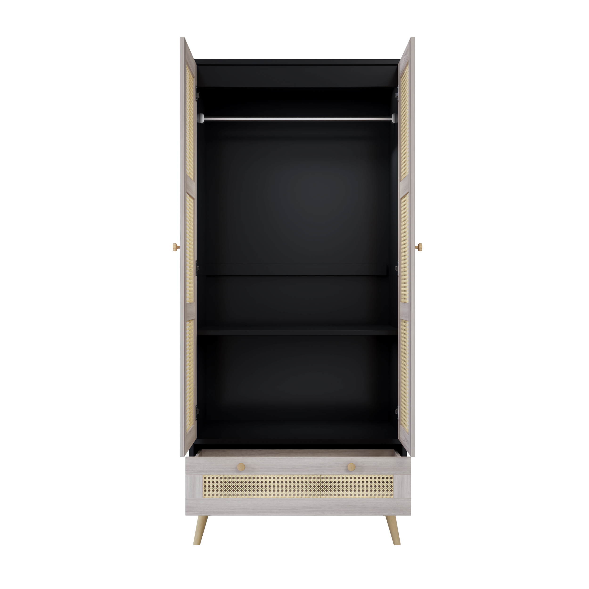 Euroco Modern 2 Door Armoire Wardrobe Closet, Rattan Clothes Cabinet with Drawer and Hanging Rod, Natural