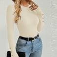 thumbnail image 2 of FRSASU Womens Round Neck Sweaters Shirts Long Sleeve Solid Button Lightweight Knit Pullover Sweater Blouse Tops Beige, 2 of 3