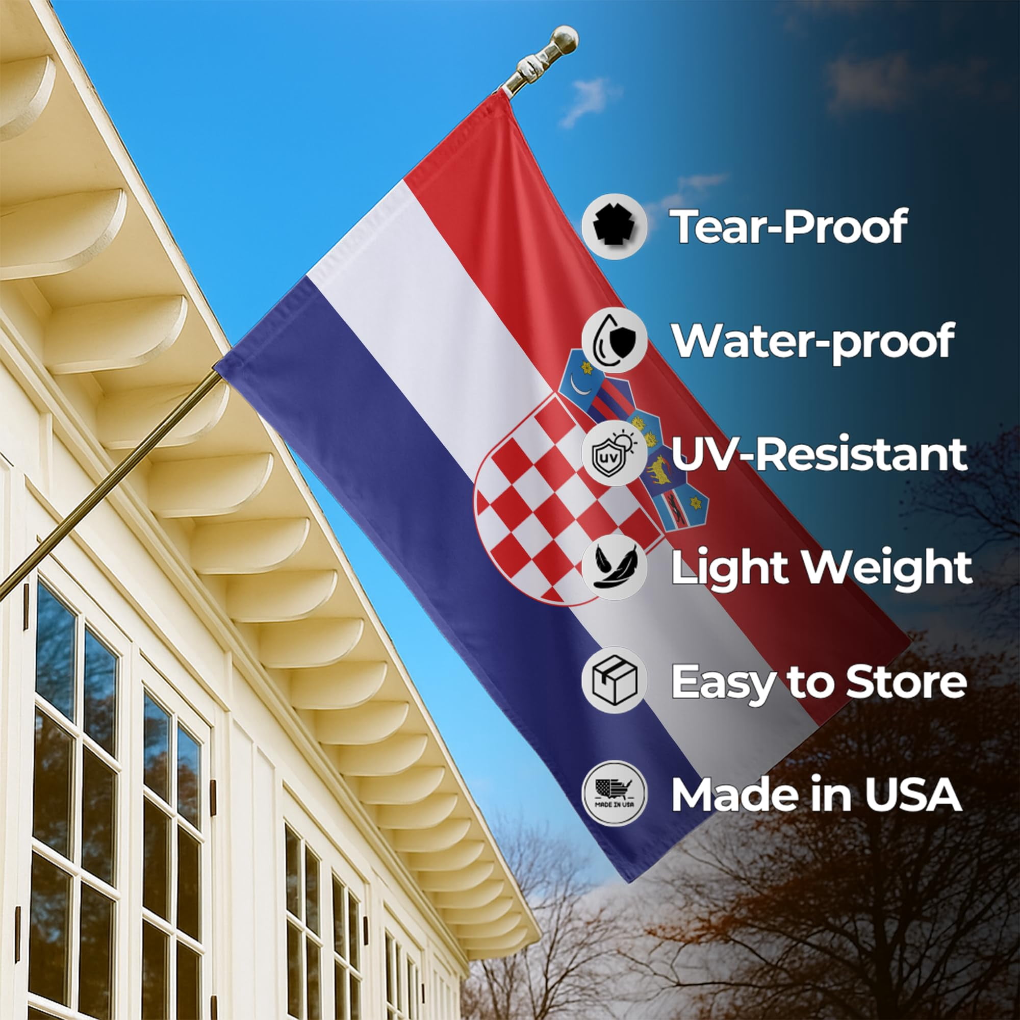 Croatia Outdoor Flag (1x1.5ft) by DreamController - Durable, Fade-Resistant Polyester, Double-Stitched, Brass Grommets - HD Printed Southern Europe Flag - Made in USA