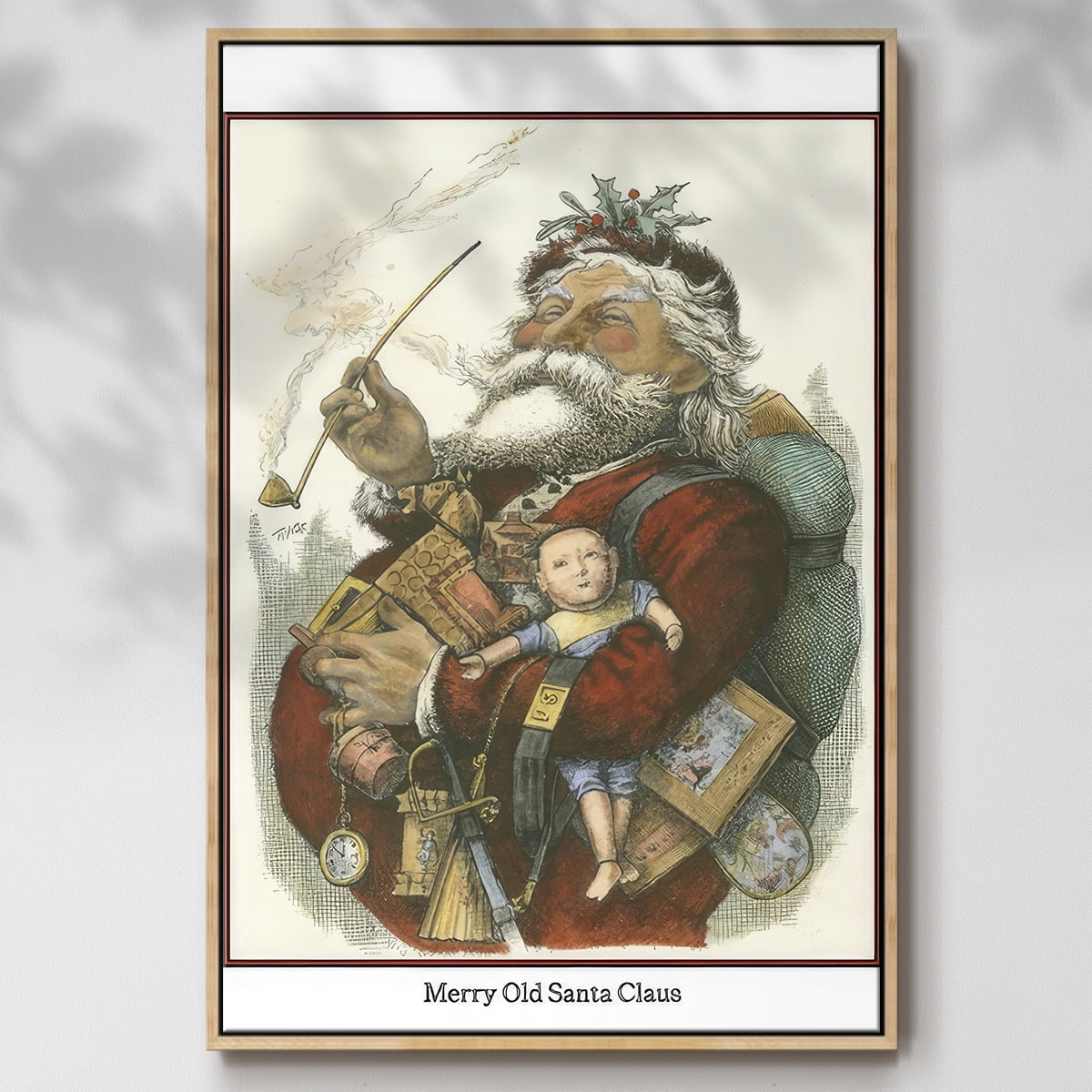 Merry Santa - Framed Gallery Wrapped Holiday Canvas - 17 x 25 - Natural Wood Frame