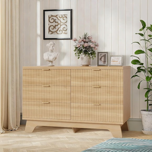 6 Drawer Dresser for Bedroom, 47" Wide Mid Century Modern Dresser with Gold Handle, Fluted Dressers Chest of Drawers, TV Stand,Storage Organizer for Living Room,Hallway,Entryway,Oak