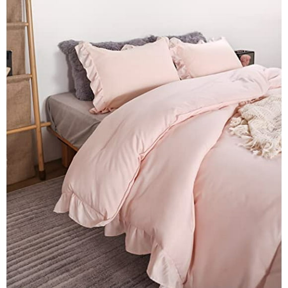 Janzaa Pink comforter Set Queen comforter Set 3PcS(1 Ruffled Blush comforter Set and 2 Pillowcases) Vintage Shabby chic Bedding Soft Fluffy comforter
