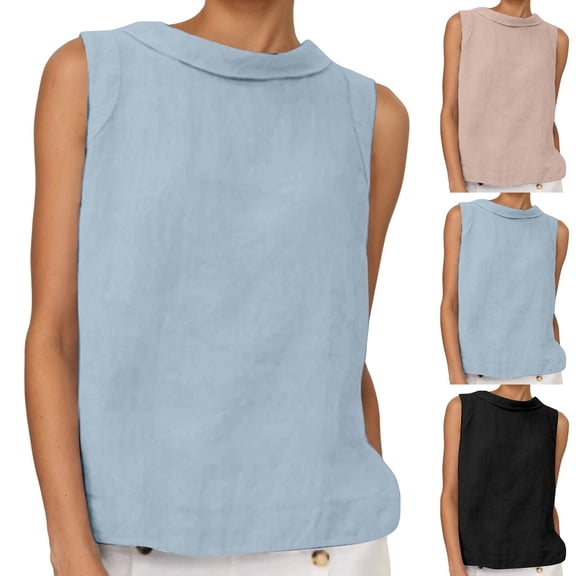 YUEHUA Women's Linen Blend Sleeveless Top, Rolled Neck Tank Blouse, Loose Fit Breathable Casual Summer Shirt for Office & Daily Wear