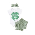thumbnail image 1 of Faithtur Ensemble de Vêtements d'Été pour Bébé Fille Imprimé Trèfle Manches Courtes Col Rond Barboteuse Shorts Taille Élastique Bandeau 3 Pcs, 1 of 9
