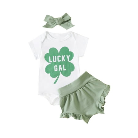 

Gureui 3 Pcs Toddler Infant Girls St. Patrick s Day Clothes Sets Long Bat/Short Sleeve Shirt Tops + Four-leaf Clover Print Shorts + Bow Headband