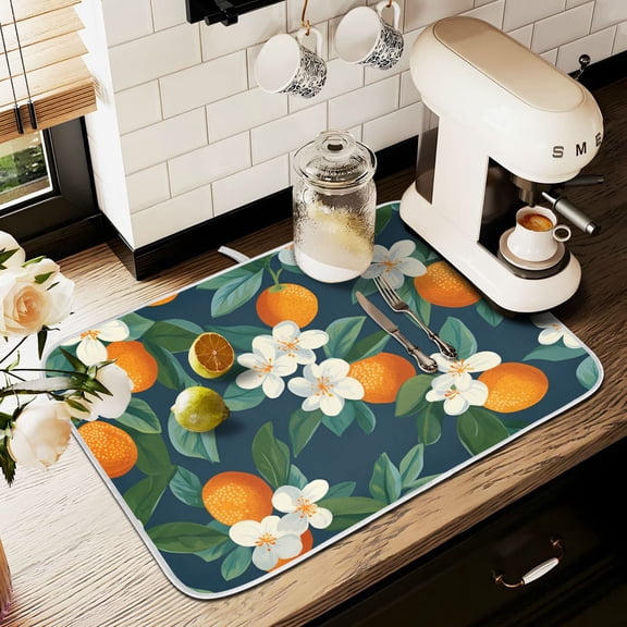 Yayeee Dish Drying Mat for Kitchen Counter 16" x 18" Microfiber Super Absorbent Coffee Decorative Pad, Orange Fruit