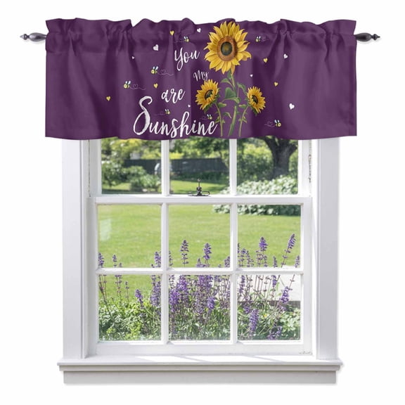 Purple Sunshine Sunflower Kitchen Curtain Valances for Windows Farmhouse Short Curtains, Pastoral Bees Farmhouse Floral Rod Pocket Valance Curtain for Bedroom Cafe Living Room 42"x18"