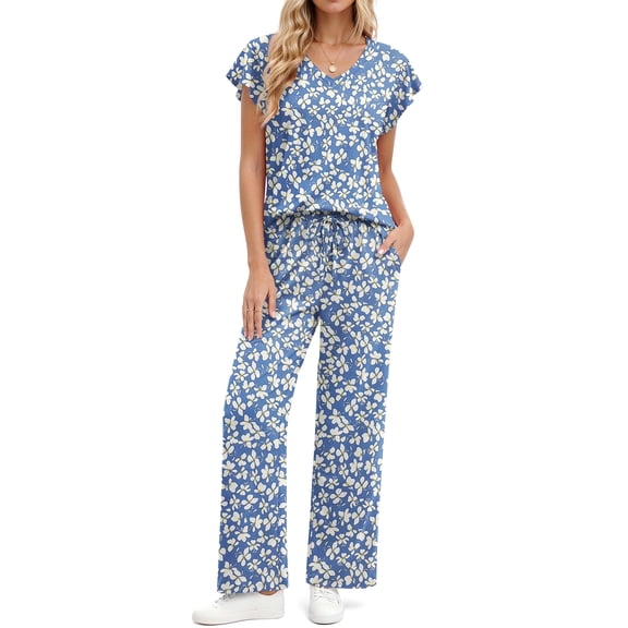 Fantaslook Flower Womens Pajamas Sets Two Piece Casual Lounge Sets Ruffle Sleeve Tops Wide Leg Pants with Pockets Summer Sleepwear Travel Outfits