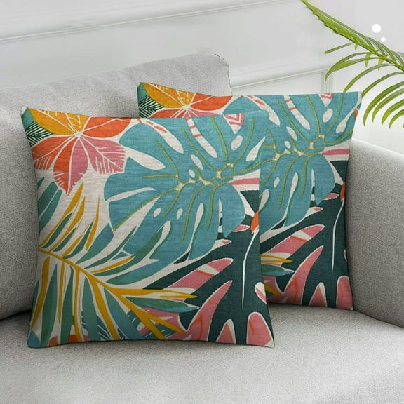 JRXY Summer Palm Leaf Pillow Covers Set of 2, Coral Tropical Leaf Decorative Outdoor Throw Pillow Covers Green Blue Botanical Farmhouse Cushion Case Square Decor for Home Couch Sofa White