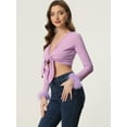 thumbnail image 3 of Women's Long Sleeve Shrug Tie Front Elegant V Neck Faux Feather Cuff Crop Tops Cardigans XS Purple, 3 of 6