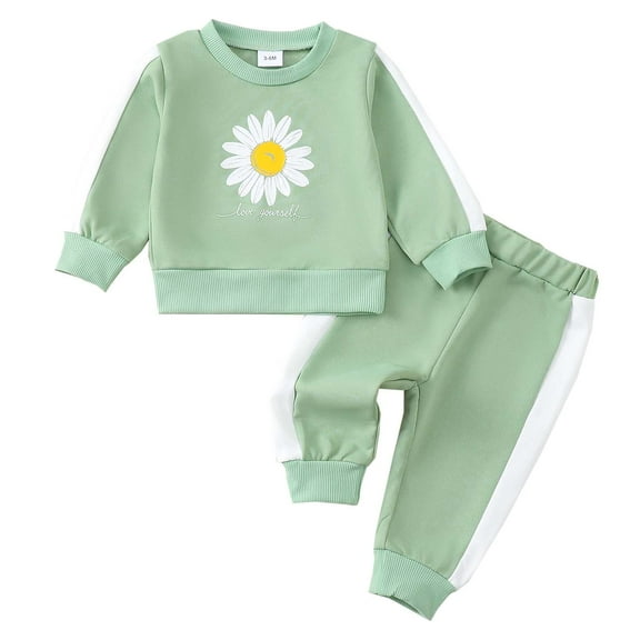 Kucnuzki 6 Months Newborn Baby Girls Outfit Set 12 Months Winter Clothes Long Sleeves Daisy Print Sweatshirt Floral Pullover Top Color Block Pants Sets 2pcs Warm Clothing Green