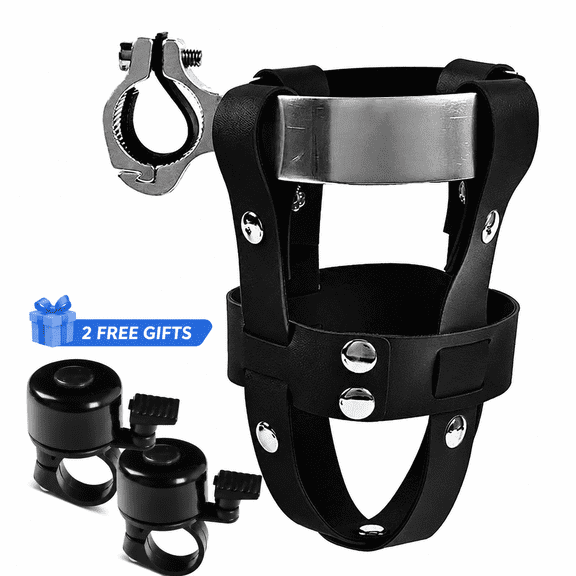 Adjustable Leather Bicycle Water Bottle Holder – Universal Cup Holder for Bike, Electric Scooter, Motorcycle, with 2 Mini Bike Bells