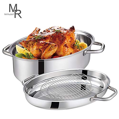 Mr Rudolf 18/10 Stainless Steel 15inch Oval Roaster with Rack and Lid
