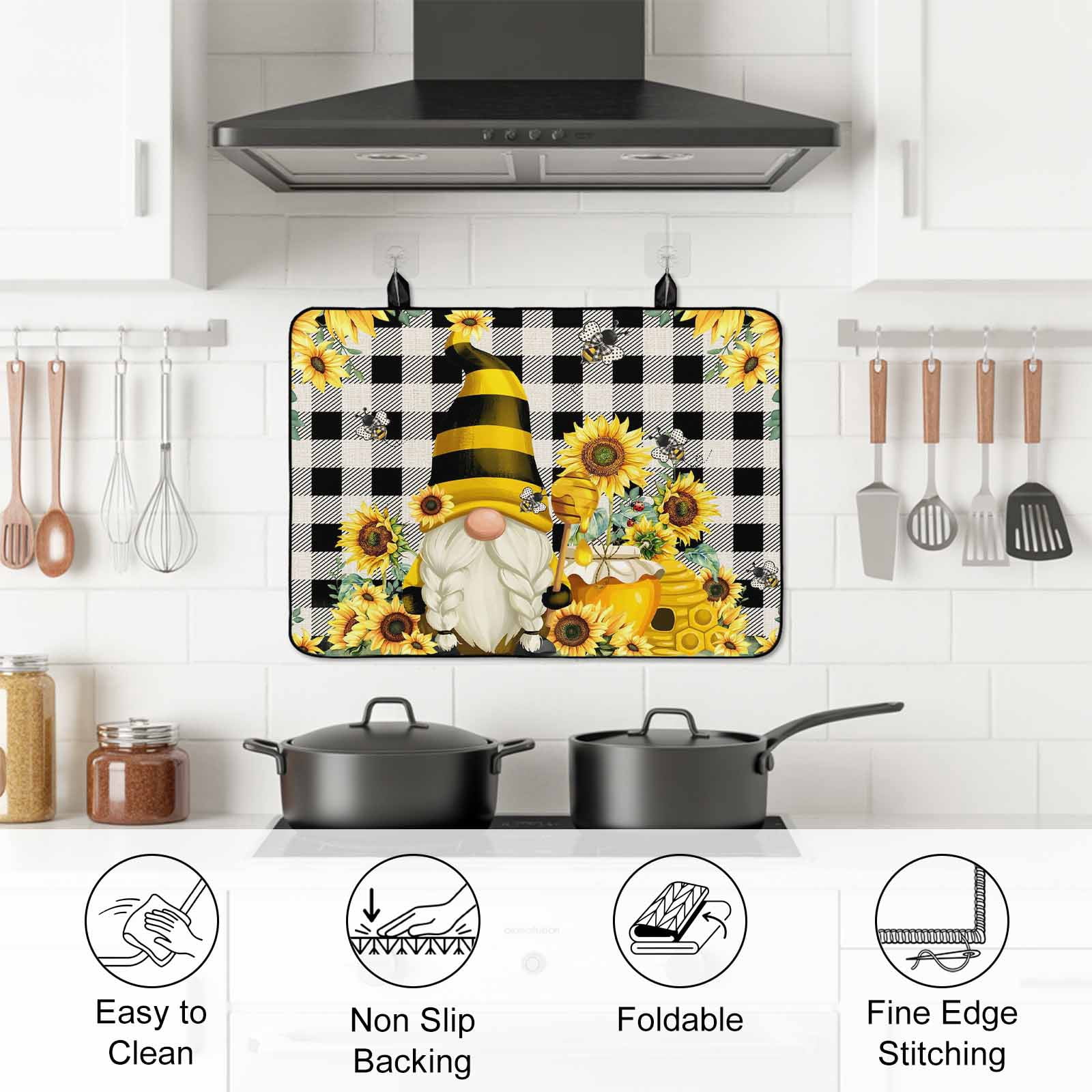 Yellow Sunflower Stove Top Cover for Electric Stove, Heat-proof & Non Slip Glass Top Stove Cover Protector, Spring Summer Bee Gnomes Black Plaid Kitchen Flat Cooktop Rubber Mat 28.5x20.5 Inches