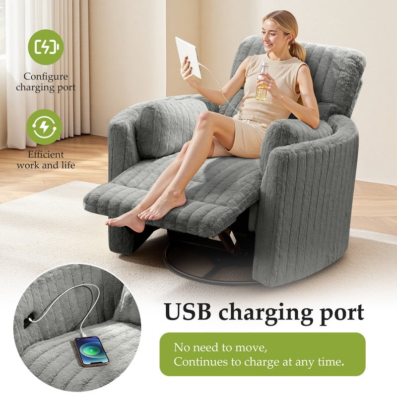 ATHOPE Powered Recliner Chair, Comfy Rocking Chair Nursery with USB Ports, Modern Velvet Swivel Glider Rocking Chair with High Back Deep Seat, for Living Room Small Space, Gray