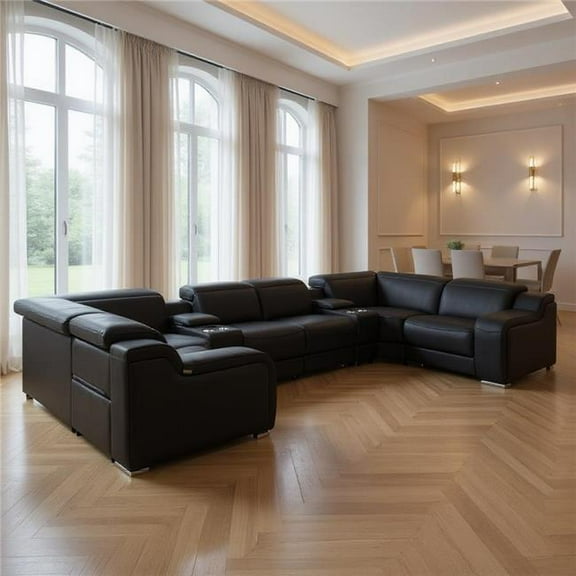 HomeRoots 632569 Black Italian Leather Power Reclining U Shaped 8 Piece Corner Sectional with Console