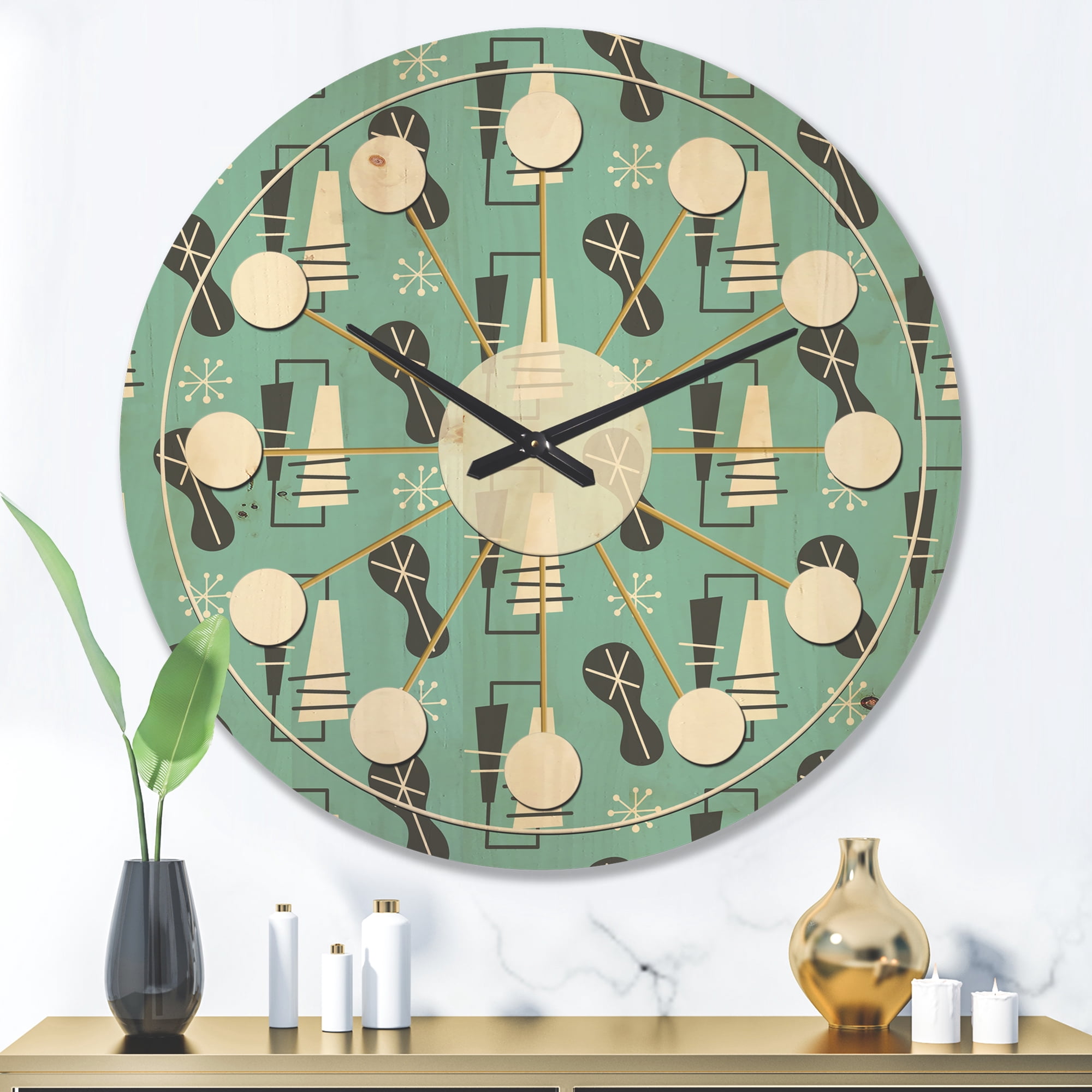 Designart '1950 Retro Pattern Shapes II' Mid-Century Modern Wood Wall Clock