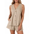thumbnail image 3 of Women 2 Piece Outfits Casual Shorts Set Sleeveless V Neck Button Down Tank Tops & Shorts Tracksuit, 3 of 5