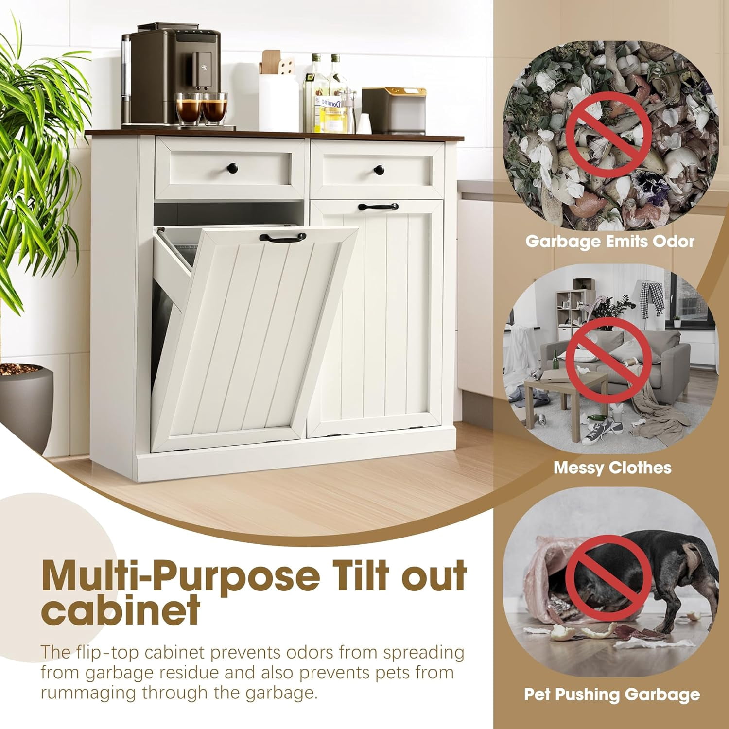 Magic Union Tilt Out Laundry Hamper Cabinets, 22 Gallon Double Hidden Laundry Hampers, Wooden Trash Can Cabinet W/2 Drawers, Farmhouse Garbage Can for Bathroom, Living Room, Kitchen